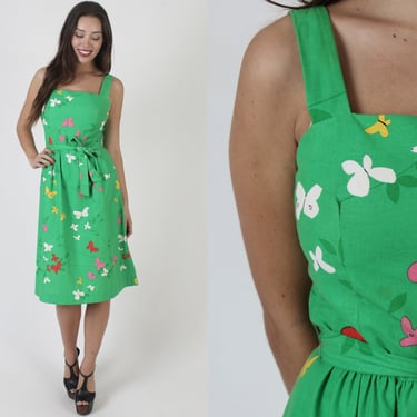 Butterfly Print Summer Party Dress, Spaghetti Strap Green Cotton Sundress, Vintage 80s Nature Print Fabric With Matching Belt 