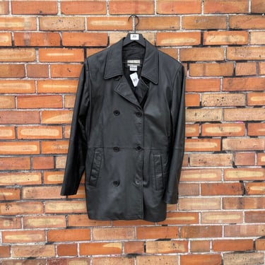 vintage y2k black leather trench coat jacket / m medium 