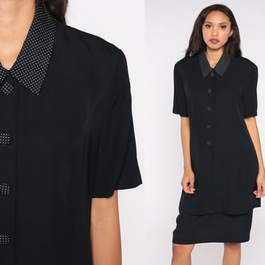 Black Shirt Dress 80s Midi Short Sleeve Collared Shirtdress Button Up Shift Polka Dot 1980s Vintage Plain Secretary Retro Large L 