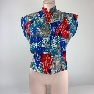 1950'S Sleeveless Blouse - Colorful Printed Fabric  - Fitted Bodice - Brass Buttons - Women's Size 34 - Tailored MEDIUM 