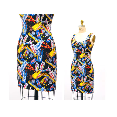 90s Vintage Dress with Candy Chocolate Print Nicole Miller with Black Silk Dress Pop Culture Print XS Small Candy print dress 90s pop art 