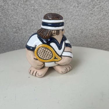 Vintage Launa Art Pottery man tennis player Figurine 3D Signed made in Uruguay 