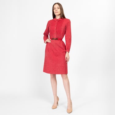 Small 70s Raspberry Red Belted Mini Dress | Vintage Peter Pan Collar Long Sleeve A Line Shirtdress 