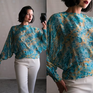 Vintage 70s THE SILK FARM Styled Blue & Yellow Sheer Ethereal Cropped Dolman Sleeve Blouse | 100% Silk | 1970s Designer Angelic Silk Top 