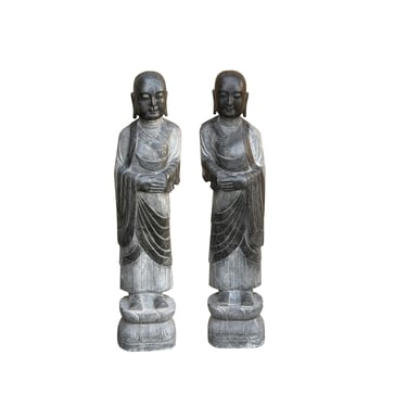 Pair Black Gray Stone Carved Standing Monk Arhat Lohan Statues ws4335PE 