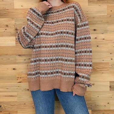 Vintage Beige Stripe Slouchy Knit Pullover Sweater Top 