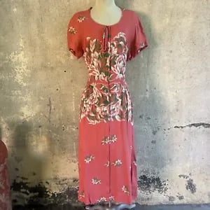 Vintage 1930s 1940s Pink & Green Floral Print Rayon Dress Celluloid Buttons