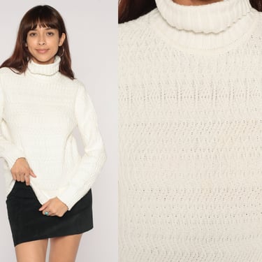 White Turtleneck Sweater 90s Textured Knit Pullover Sweater Chunky Knit Jumper Retro Cozy Turtle Neck Jumper Simple Vintage 1990s Medium M 