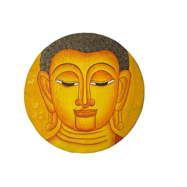 Round Golden Yellow Buddha Head Graphic Wood Art Plaque Panel ws3216E 