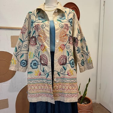 Lightweight Silk Bright Embroidered Floral Boho Indie Button Front Duster Jacket 