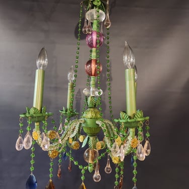 Eclectic Pink and Green 4 arm Crystal Chandelier 19" x 30"
