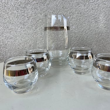 Vintage MCM petite barware pitcher set by Libbey clear glass with silver band pitcher 4 glasses 
