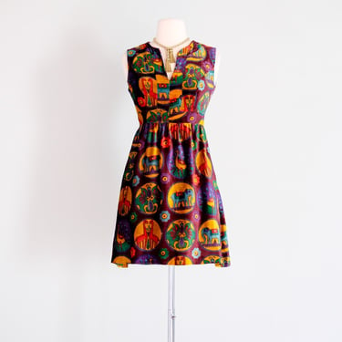 Vintage 1970’s Jungle Print Velvet Micro Mini Dress by Act I / XS