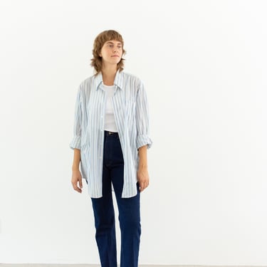 Vintage White Blue Stripe 70s Button up Shirt | Unisex Cotton blend Work Tunic | XL XXL | 