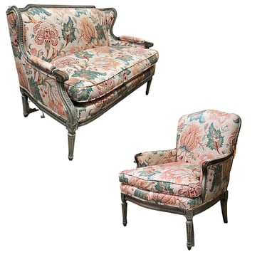 Vintage Wing Back French Style Accent Chair and Settee w/ Pink Covering 