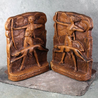 Set of 2 Pressed Wood Bookends | Diana Goddess of the Hunt with Hunting Dog Bookends | Syroco Style Bookends | Bixley Shop 