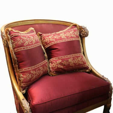 Pair of Red Luxury Satin Louis XVI Style Thrones With Pillows 