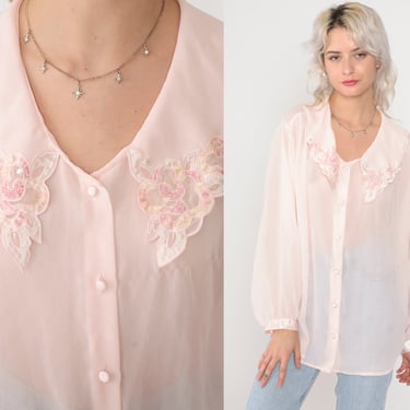 Pink Collared Blouse 80s 90s Semi-Sheer Button up Shirt Beaded Scalloped Floral Granny Collar Top Long Sleeve Darling Vintage 1990s XL 