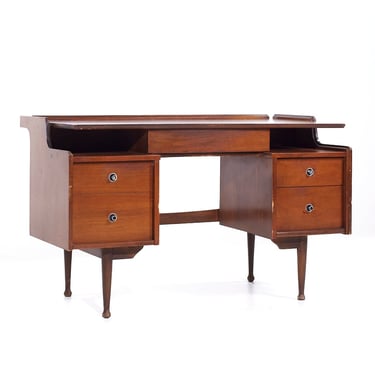 Mainline by Hooker Mid Century Walnut Double Pedestal Floating Top Desk - mcm 