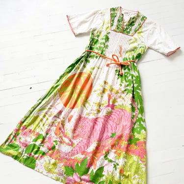 Vintage Tiger + Botanical Print Cotton Dress 