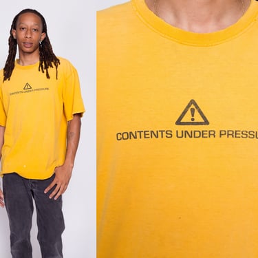 90s Contents Under Pressure Distressed T Shirt - Men's Large | Vintage Yellow Oversize Warning Label Graphic Tee 