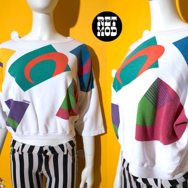 Wearable Art Vintage 80s 90s Colorful Shapes White Cropped Sweatshirt Top by Esprit 