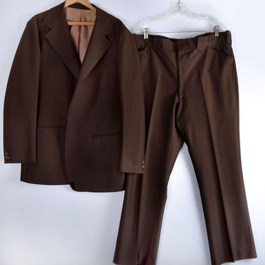 46R Brown Western Suit Men's Polyester Vintage 1970's Pants Blazer Jacket Sport Coat & Trousers 40X Texas Western Wear Niver 