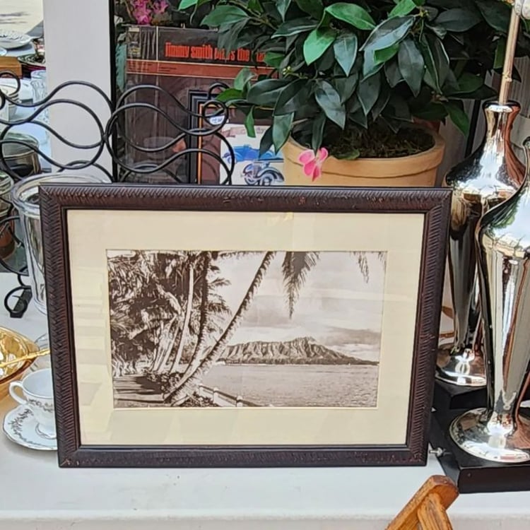 Framed Black and White Photo of Diamond Head, Oahu, HI.