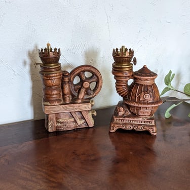 Pair of Vintage Ceramic Wood Burning Stove and Spinning Wheel Oil Lamp Set 