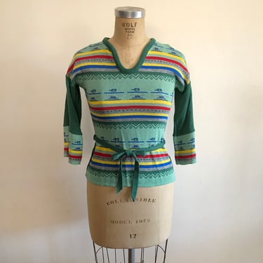 Green Southwest Motif Pullover Sweater with Tie Belt - 1970s 
