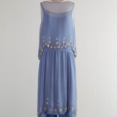 Exquisite 1920's Silk Chiffon Beaded Flapper Dress In Periwinkle / Medium