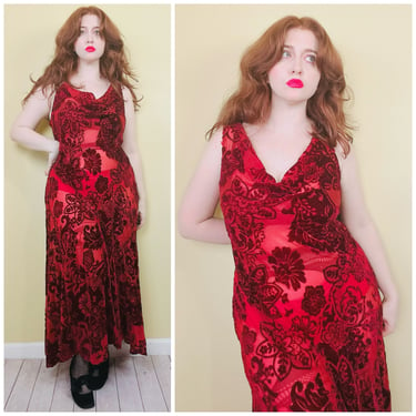1990s does 1930s Red Velvet Burnout Dress / 90s Floral Sheer BIas Cut Maxi Dress / XL - XXL 