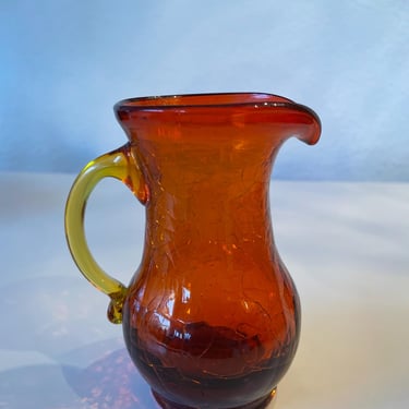 Vintage Crackle Amberina Glass Mini-Pitcher wirh Yellow Applied Handle Cadmium Glow | Orange Yellow Art Glass Pitcher | Art Glass Gift 