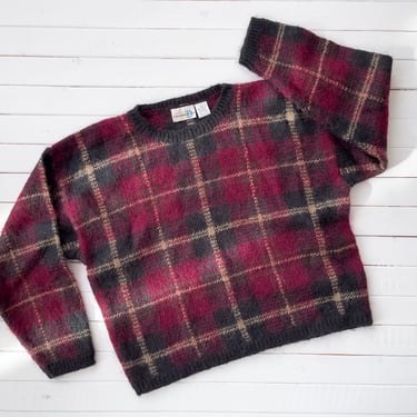 plaid mohair sweater | 80s 90s vintage red burgundy black dark academia cottagecore grandpa fuzzy christmas sweater 