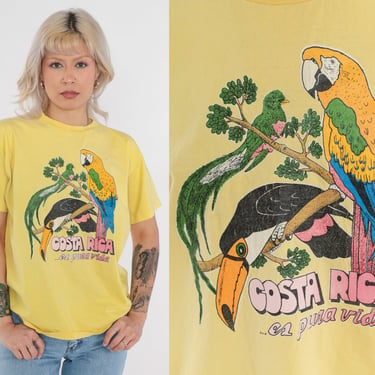 Costa Rica Shirt 90s Tropical Bird T-Shirt Pura Vida Parrot Toucan Graphic Tee Single Stitch TShirt Yellow Distressed Vintage 1990s Medium 