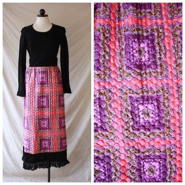 60s 70s Psychedelic Maxi Dress with Quilted Skirt and Fringe Size S / M 