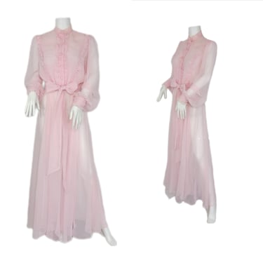 Emma Domb 1970's Sheer Pale Pink Flowy Maxi Dress I Sz Med I Peasant Dress 