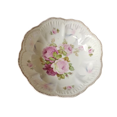 Vintage SCH Bavaria Porcelain Serving Fruit Bowl with Gilt Scalloped Rim/ Pink Roses Floral Pattern/ French Country English Cottage Core 