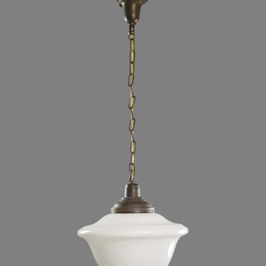 Antique Schoolhouse Acorn Milk Glass & Brass Chain Pendant Light