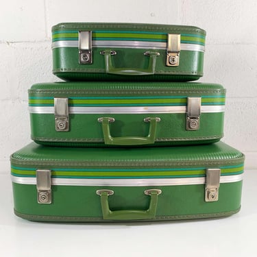 Vintage Green Stripe Suitcase Set of 3 Train Case Overnight Bag Silver Luggage Travel Case 1970s 1960s 