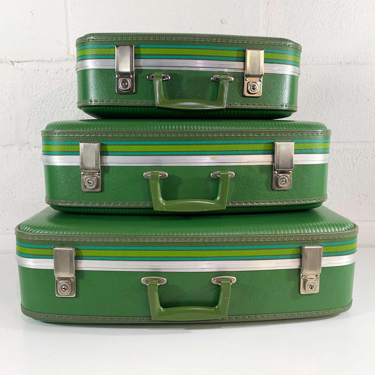 Vintage Green Stripe Suitcase Set of 3 Train Case | Check Engine