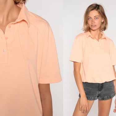 Peach Polo Shirt 80s Collared Tshirt Preppy Basic Short Sleeve Top Banded Hem Streetwear Collar Plain Solid Minimalist Vintage 1980s Large L 
