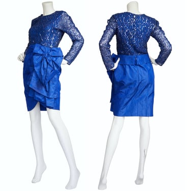 Torrente Haute Couture 1980s Vintage Blue Sequin & Silk Taffeta Bow Cocktail Dress Sz S 