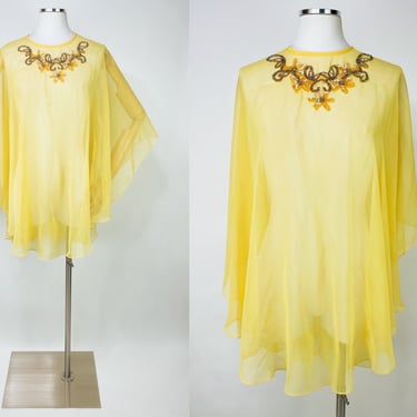 1960s Sheer Yellow Daisy Sequin Beaded Appliqué Shawl | Vintage, Brady Bunch, Formal, Delicate, Flowing, Flowers 