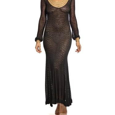 1970S Black & Gold Rayon Blend Knit Slinky Long Sleeved Dress 