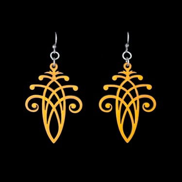 2000s Mustard Laser Cut Wood Drop Earrings | Y2k Millennial Vintage Yellow Pierced Hook Earrings 