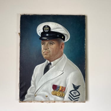 Vintage Oil Portrait Painting of a Naval Officer, Signed 
