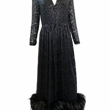 Bill Blass Attribution 70s Black Sequin Gown With Feather Hem