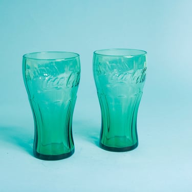 Set of 2 90s Vintage Teal Green Coca Cola Tall Clear Glasses Cups 