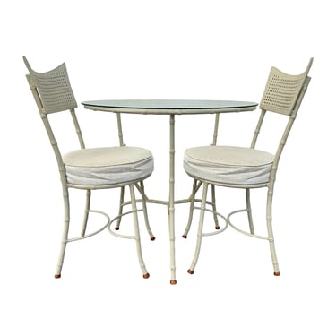 Faux Bamboo Bistro Set with Two Side Chairs and Pedestal Table - Vintage 3pc Mid Century Hollywood Regency Aluminum Metal Patio Furniture 